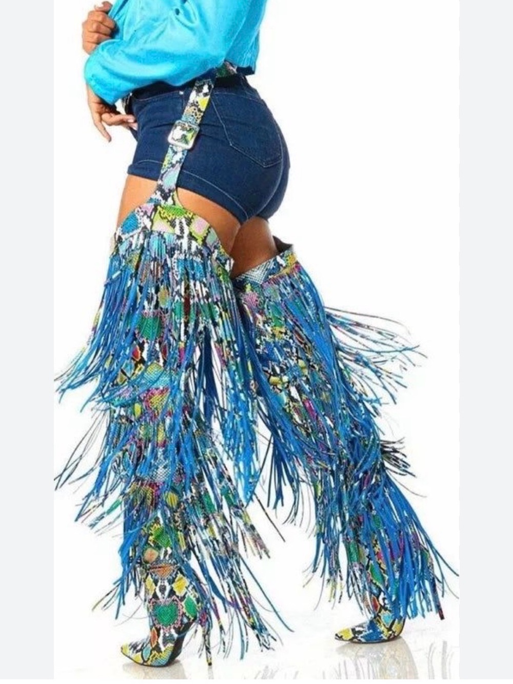 Rainbow snake print belted fringe cowgirl vegan leather thigh high boots 5.5